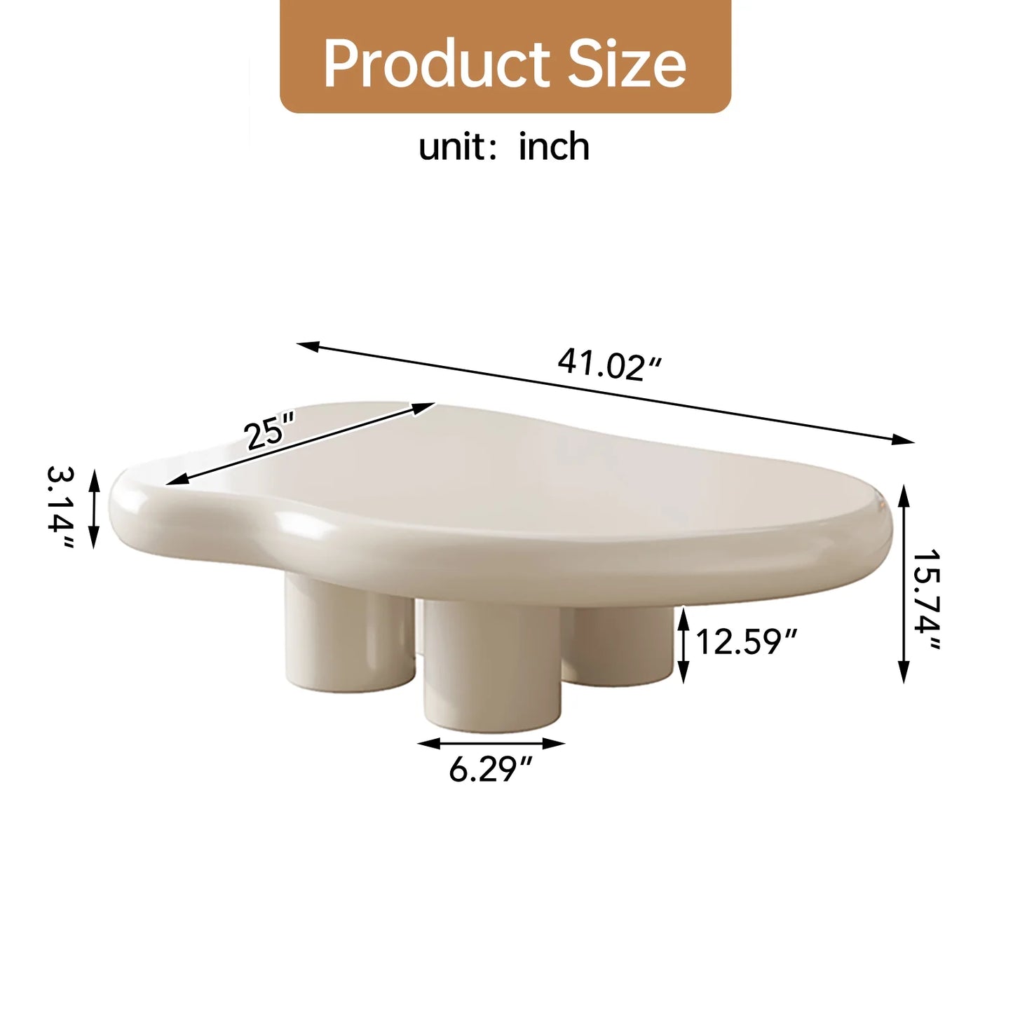 Cloud-Shaped Coffee Table with 4 Legs, Modern Wood Coffee Table for Living Room, Apartment, Cream White