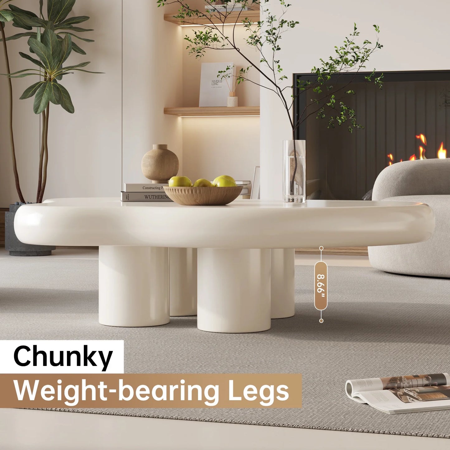 Cloud-Shaped Coffee Table with 4 Legs, Modern Wood Coffee Table for Living Room, Apartment, Cream White