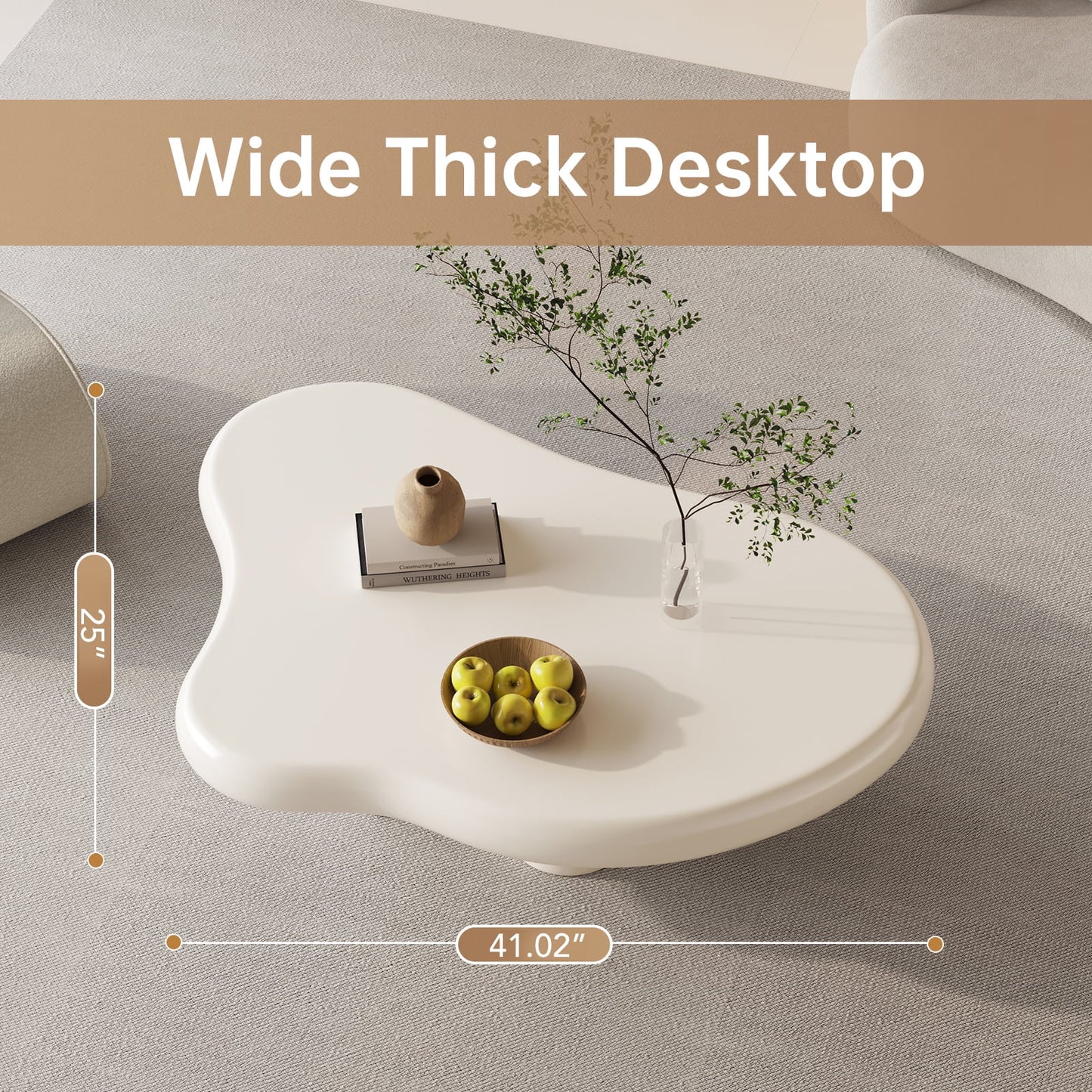 Cloud-Shaped Coffee Table with 4 Legs, Modern Wood Coffee Table for Living Room, Apartment, Cream White